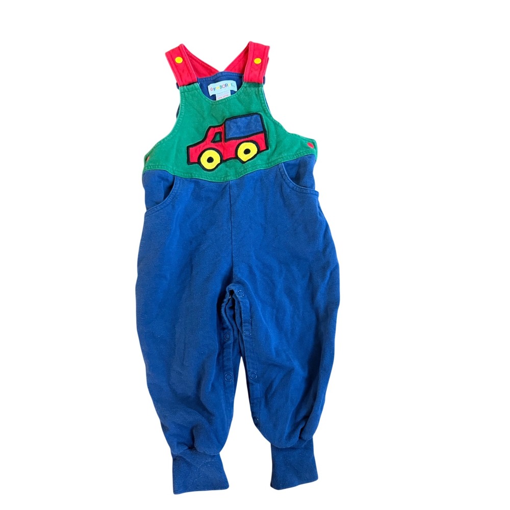 Vintage Gymboree Kids Blue Red Green Colorblock Truck Overalls Romper XS Cotton